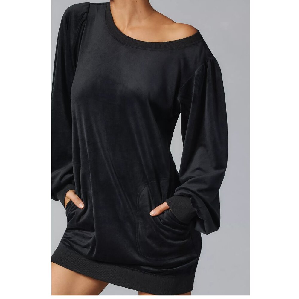 Anthropologie Daily Practice Velvet Puff-Sleeve Dress Black XS